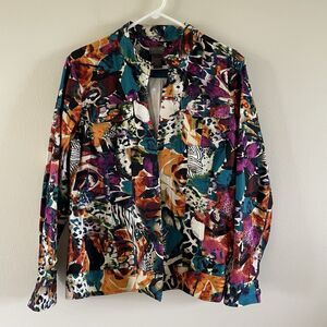 Chico's‎ Open Front Jacket Size Large 2 Cotton Blend Colorful Floral Long Sleeve